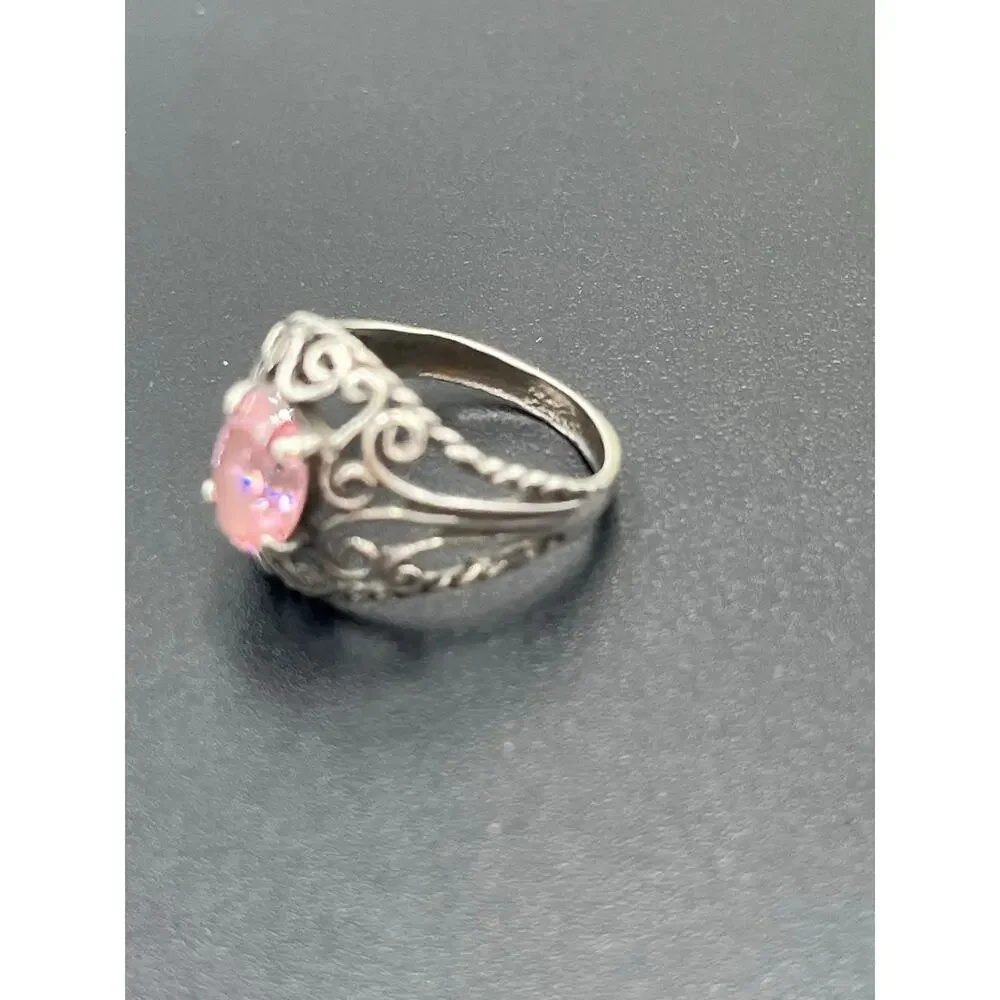 Sterling Silver Vintage Filigree Simulated Pink Sapphire‎ Solitaire Ring 5.25